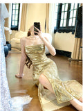 Elegant Gold Sequin Spaghetti Strap A-Line Evening Dress Backless Sparkling Birthday Party Dress HZ1108