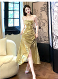 Elegant Gold Sequin Spaghetti Strap A-Line Evening Dress Backless Sparkling Birthday Party Dress HZ1108