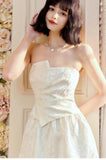 Pretty Moonlight White Strapless A-Line Jacquard Satin Evening Gowns Elegant Birthday Prom Dresses HZ1108