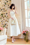 Pretty Moonlight White Strapless A-Line Jacquard Satin Evening Gowns Elegant Birthday Prom Dresses HZ1108