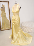 Gorgeous Butter Yellow V-Neck Satin Mermaid Prom Dresses Formal Evening Dresses HZ1108