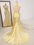 Gorgeous Butter Yellow V-Neck Satin Mermaid Prom Dresses Formal Evening Dresses HZ1108