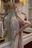 Elegant A-Line Off the Shoulder Evening Gowns Silver Sequins Long Prom Dress with Split Front HZ1108