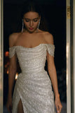Elegant A-Line Off the Shoulder Evening Gowns Silver Sequins Long Prom Dress with Split Front HZ1108