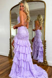 Stunning Lilac Mermaid Spaghetti Straps Silt Prom Dress Backless Lace Applique Evening Dress with Ruffles HZ1108