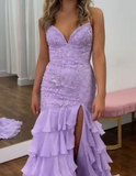 Stunning Lilac Mermaid Spaghetti Straps Silt Prom Dress Backless Lace Applique Evening Dress with Ruffles HZ1108