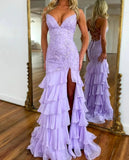 Stunning Lilac Mermaid Spaghetti Straps Silt Prom Dress Backless Lace Applique Evening Dress with Ruffles HZ1108