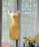 Vintage Butter Yellow Sweetheart Bodycon Evening Gonws Satin Beaded Short Prom Dresses for Party HZ1108