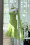 Fairytale Bud Green Sheath Short Prom Dresses Chiffon Beaded Backless Party Dress HZ1108