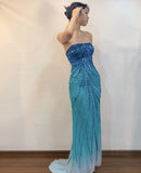Elegant Gradient Blue Strapless Beaded Chiffon Sheath Prom Dresses Vintage Formal Evening Dress HZ1108