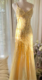 Fairytale Butter Yellow Mermaid Spaghetti Straps Tulle Sequin Long Prom Dresses Vintage Backless Evening Gowns HZ1108
