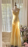 Fairytale Butter Yellow Mermaid Spaghetti Straps Tulle Sequin Long Prom Dresses Vintage Backless Evening Gowns HZ1108