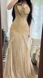 Gorgeous Spaghetti Straps Beaded Chiffon Mermaid Prom Dresses Vintage Evening Gowns HZ1108