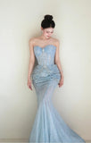 Gorgeous Light Blue Mermaid Sweetheart Neck Tulle Beaded Long Prom Dresses Sweet Formal Evening Dresses HZ1108