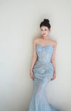 Gorgeous Light Blue Mermaid Sweetheart Neck Tulle Beaded Long Prom Dresses Sweet Formal Evening Dresses HZ1108