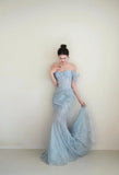 Gorgeous Light Blue Mermaid Sweetheart Neck Tulle Beaded Long Prom Dresses Sweet Formal Evening Dresses HZ1108