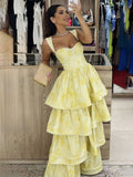 Sweet Butter Yellow Sweetheart Neck A-Line Jacquard Satin Layered Long Prom Dresses Formal Evening Dress HZ1108