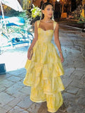 Sweet Butter Yellow Sweetheart Neck A-Line Jacquard Satin Layered Long Prom Dresses Formal Evening Dress HZ1108