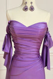 Fashion Purple Sweetheart Satin Pleated Sheath Silt Prom Dresses Elegant Formal Evening Gowns HZ1108