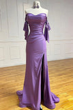 Fashion Purple Sweetheart Satin Pleated Sheath Silt Prom Dresses Elegant Formal Evening Gowns HZ1108