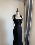 Elegant Black Square Neck Mermaid Beaded Long Prom Dresses Formal Evening Dress HZ1108