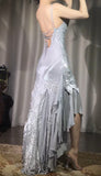 Vintage Silver V-neck Satin Beaded Party Dresses Backless Sexy Prom Dresses HZ1108