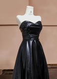 Elegant Black Sweetheart Neck A-Line Satin Long Prom Dresses Formal Evening Gowns HZ1108