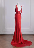 Beautiful Red Satin Mermaid Open Back Long Prom Dresses Elegant Evening Gowns HZ1108