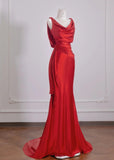 Beautiful Red Satin Mermaid Open Back Long Prom Dresses Elegant Evening Gowns HZ1108