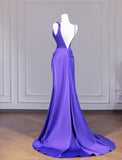 Elegant Purple Strap Mermaid Satin Backless Long Prom Dresses Formal Evening Gowns HZ1108