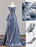 Unique Black Grey V-neck A-line Long Prom Dresses Formal Evening Gowns With Pleats HZ1108