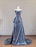 Unique Black Grey V-neck A-line Long Prom Dresses Formal Evening Gowns With Pleats HZ1108