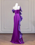 Fairytale Purple One Shoulder Mermaid Satin Bow Long Prom Dresses Sweet Evening Gowns HZ1108
