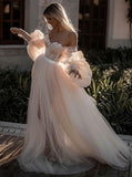 Beach Wedding Dresses Pink 2023 Elegant Sweetheart Lantern Sleeve A-Line Lace Appliques Boho Bridal Gowns Custom Made 925