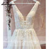 Champagne V Neck Lace Appliques Wedding Dress 2023 with Shiny Tulle Vestidos Garden A Line Backless Bridal Gowns