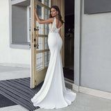 V-Neck Mermaid Wedding Dresses For Women 2023 Sleeveless Lace Backless Vintage Long White Bridal Gown Sweep Train