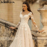 Elegant O-Neck Wedding Dresses Lace Up A-Line Appliques Long Sleeves Beach Bride Gowns robe de mariée bohème Plus Size