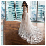 Elegant 3/4 Sleeve Wedding Dress 2023 A-Line Lace Appliques Button Belt Train Tulle Bridal Gown Vestidos De Noiva
