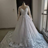 New V Neck Long Sleeve Wedding Dresses Saudi Arabia Lace Bridal Gowns Court Train Elegant Lace Bridal Gown Vestido De Noiva