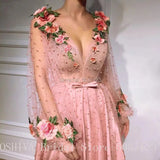 Full Beads Long Evening Dresses Lace Appliques 3D Flowers V-Neckline Full Sleeves Floor Length Evening Formal Party Gowns