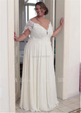 Chiffon Jewel Neckline A-line Wedding Dresses With Beaded Lace Appliques Short Sleeves Plus Size Bridal Gown Robe de Long