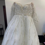 Shining Beading Handmade Wedding Dress With Sweep Train Illusion O Neck Short Sleeve Ball Gown Plus Size Vestido De Noiva