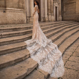 Lace Long Sleeve Mermaid Wedding Dresses 2023 Tulle Bridal Gown For Women Cathedral Train V-Neck Appliques Button Back