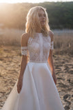 Satin Bohemian Wedding Dress For Brides 2023 Off The Shoulder Lace Halter Boho Bridal Gown With Detachable Sleeves