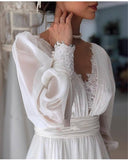 Vintage Boho Lace Chiffon Wedding Dresses Puff Long Sleeves V Neck Bohemian Bride Gowns Floor Length Elegant Bridal Dress