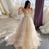 Champagne Tulle Wedding Dresses Beaded Appliques Sweetheart Neckline Corset Back Chic Bridal Wedding Party Gowns