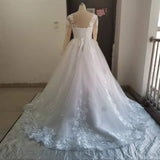 New V Neck Long Sleeve Wedding Dresses Saudi Arabia Lace Bridal Gowns Court Train Elegant Lace Bridal Gown Vestido De Noiva