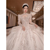 Luxury Long Train Wedding Dress 2023 New Bridal Dresses Ball Gown Long Sleeve Winter Beading Wedding Gowns