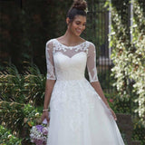 Tea-Length Short Wedding Dress Half Sleeve O-Neck Lace Appliques Elegant A-Line Tulle Bridal Gown With Button Back