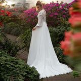 Chiffon Long Puffy Sleeves Boho Wedding Dresses 2023 High Neck Lace Appliques Muslim Bridal Gown Vintage Vestido De Noiva